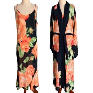 Vtg Victoria's Secret Collection Chiffon Floral Rose Maxi Slip Dress Sheer Robe